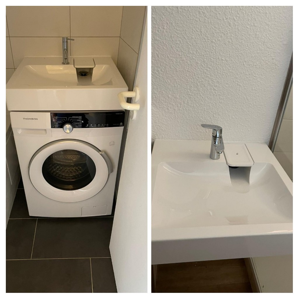 Mise en place lave linge après pose d'un lavabo spécialement adapté